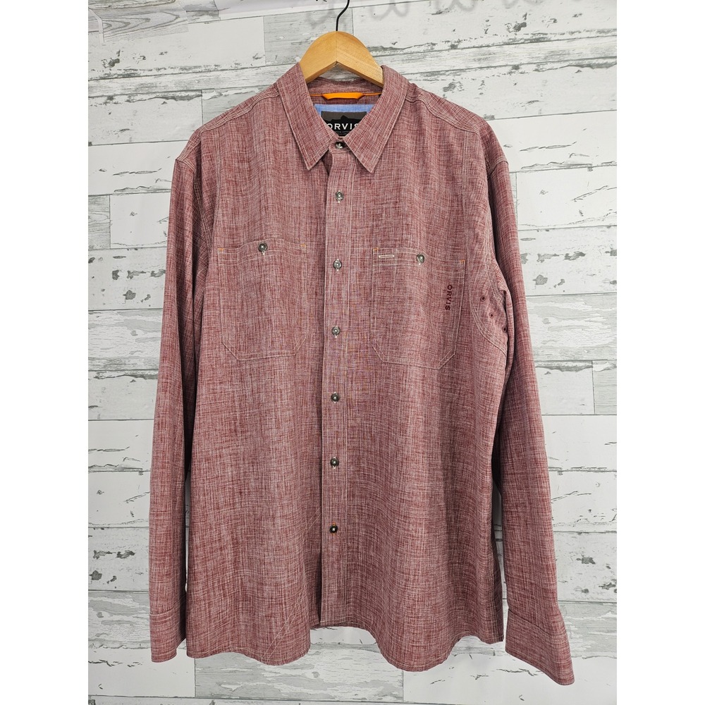Orvis Mens XL Active Fit Long Sleeve Button Down Shirt Red Heather Textured
